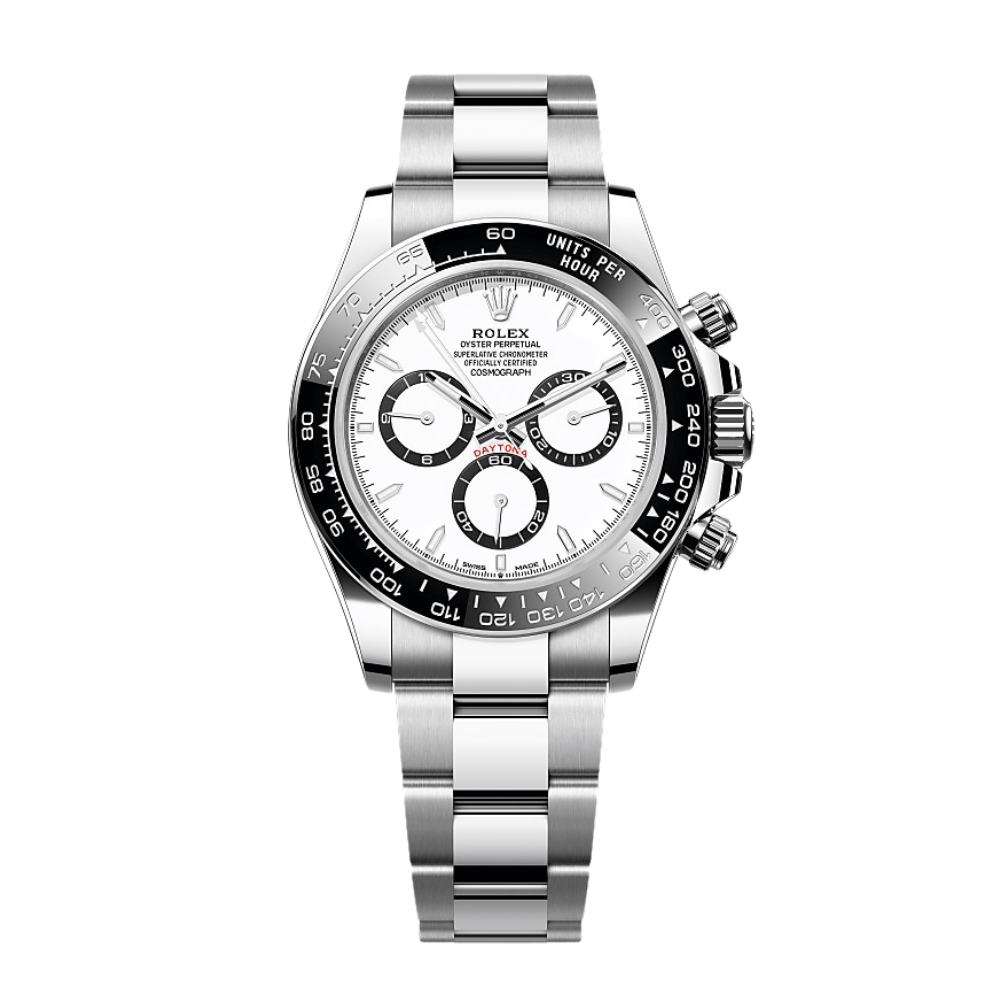 Chronograph, steel, white dial with three black-ringed sub-dials