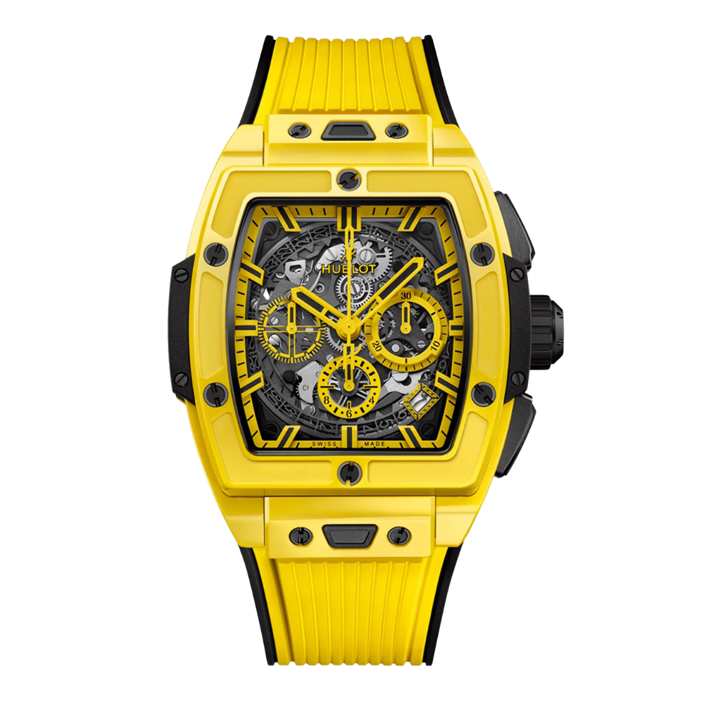 Sporty black and yellow tonneau, skeleton dial, yellow rubber strap