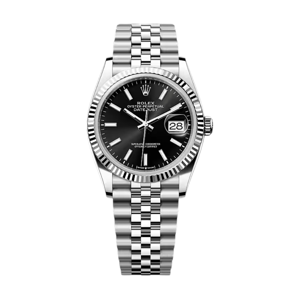 Classic three-hand, steel, plain black dial