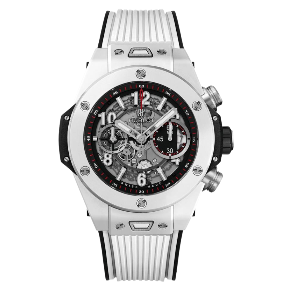 Square sporty case in white ceramic look, panda chronograph with red accents