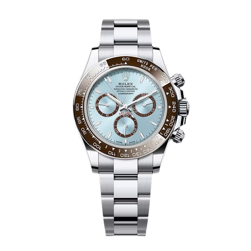 Steel, plain ice-blue dial, case with side pushers