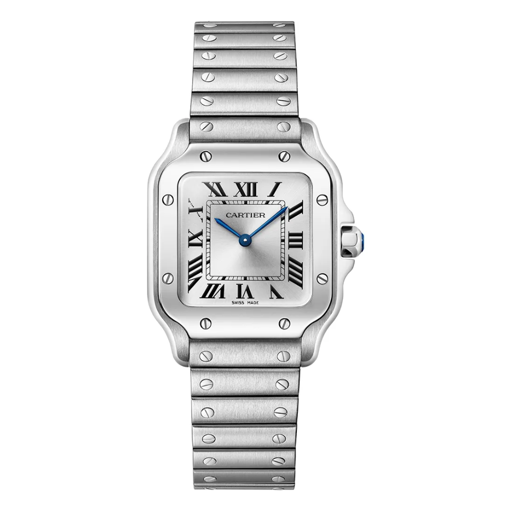 Rounded square, steel, silver dial with blue hands and blue-accent crown