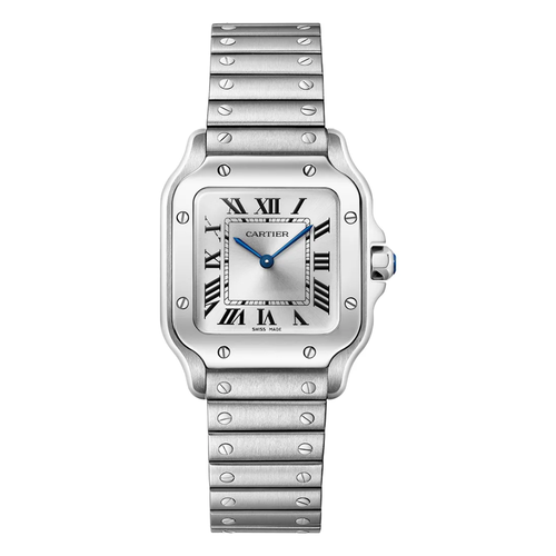 Rounded square, steel, silver dial with blue hands and blue-accent crown