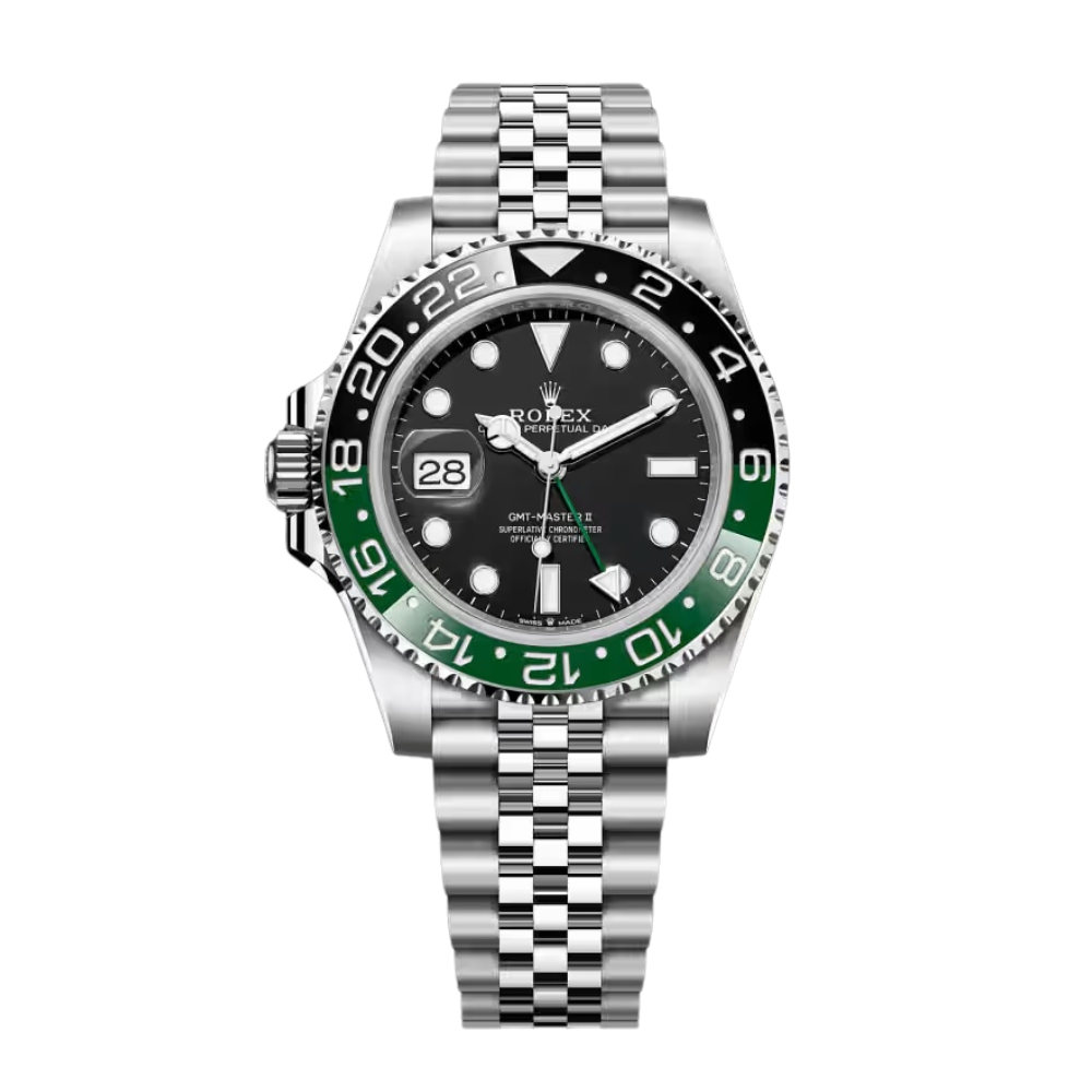 GMT, steel, two-tone green and black 24-hour bezel, green GMT hand