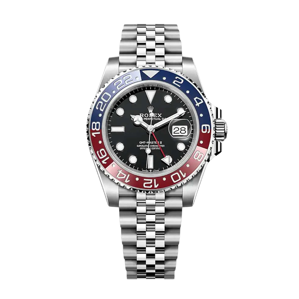 GMT, steel, two-tone blue and red 24-hour bezel, black dial