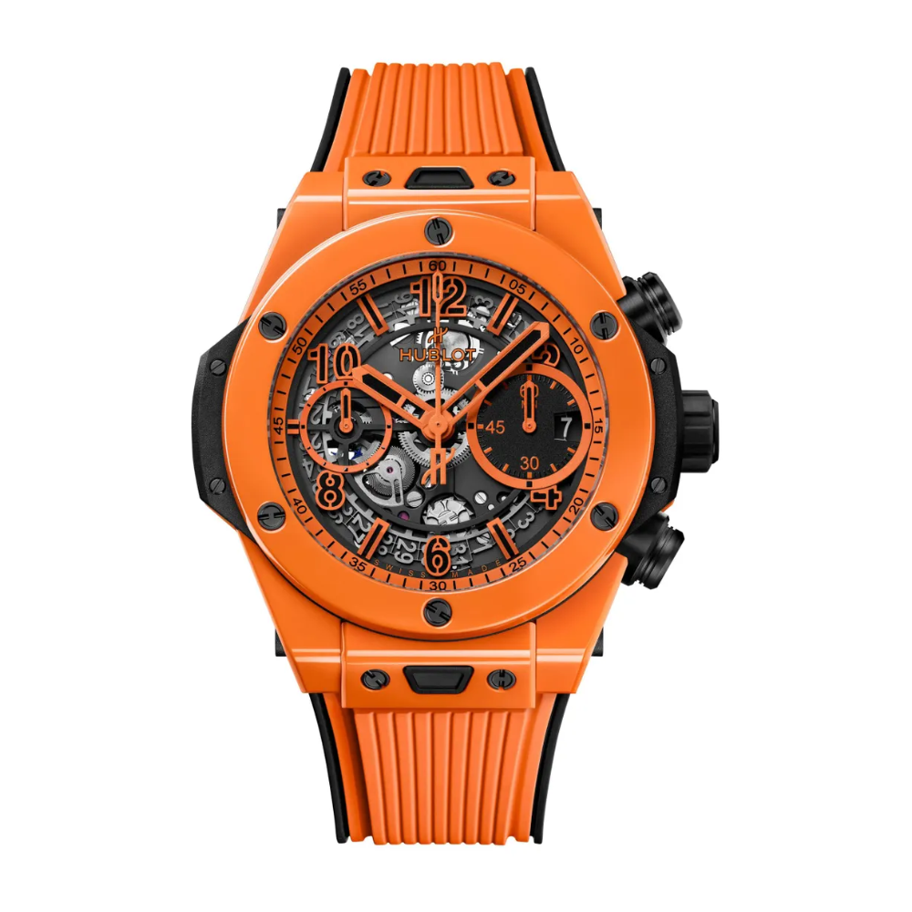 Sporty black and orange tonneau, skeleton dial, orange rubber strap
