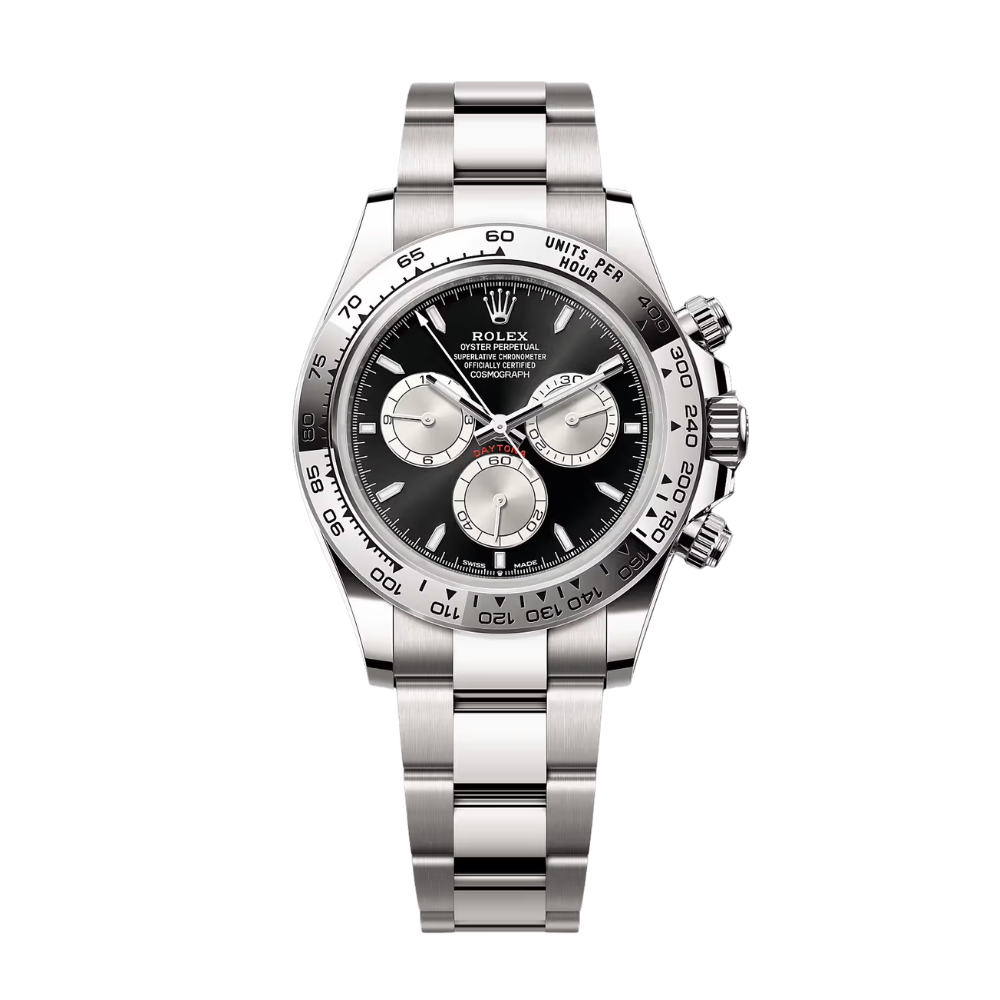 Chronograph, steel, black dial with three silver sub-dials