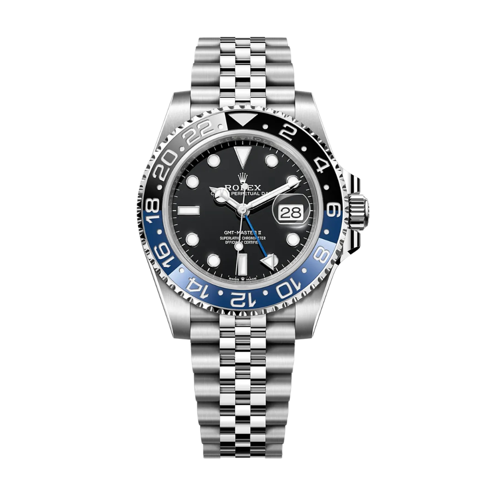 Steel GMT, two-tone black and blue 24-hour bezel, black dial with round markers, blue GMT hand, steel bracelet