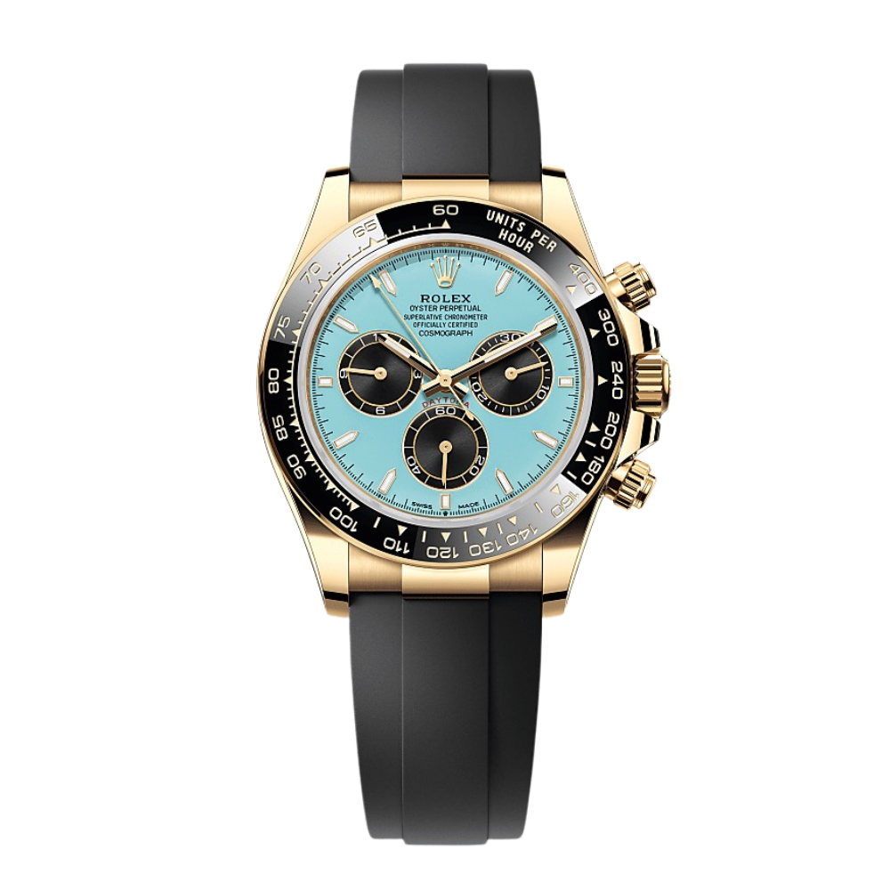 Chronograph, gold case, black bezel, turquoise dial with black sub-dials, black rubber strap