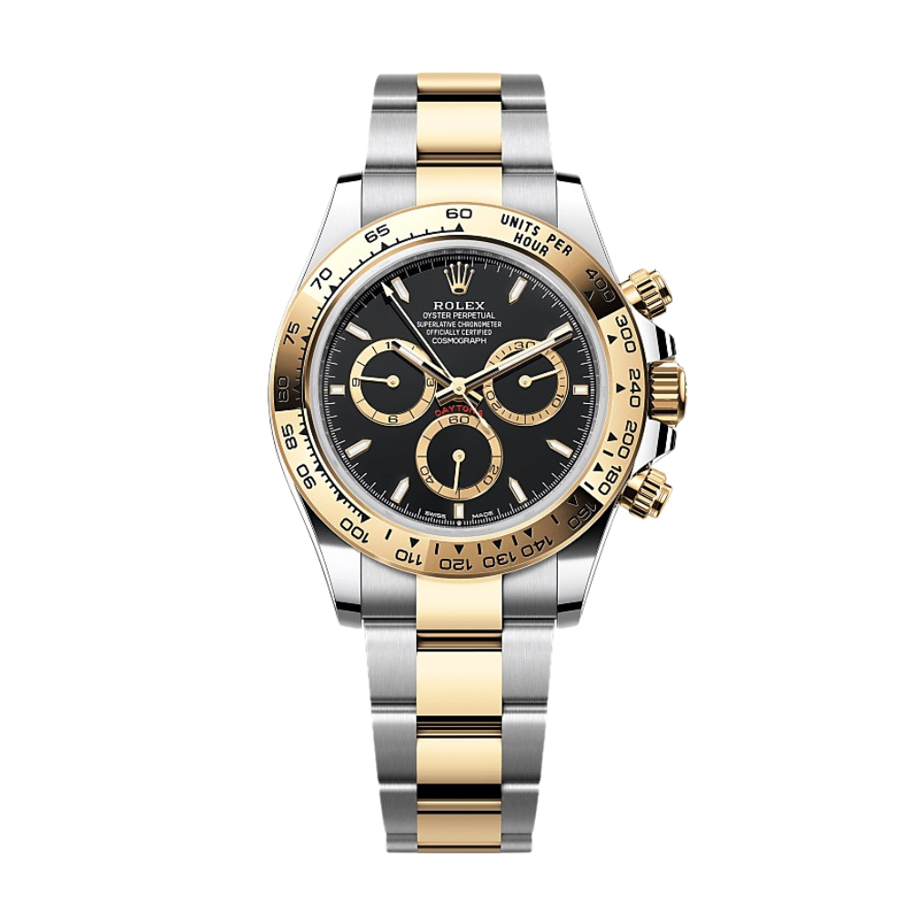 Two-tone steel and gold, gold bezel, black dial with gold accents