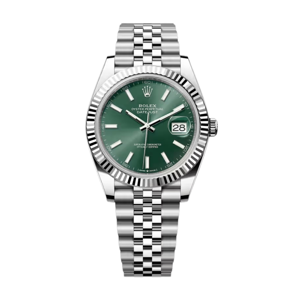 Classic three-hand, steel, green sunburst dial