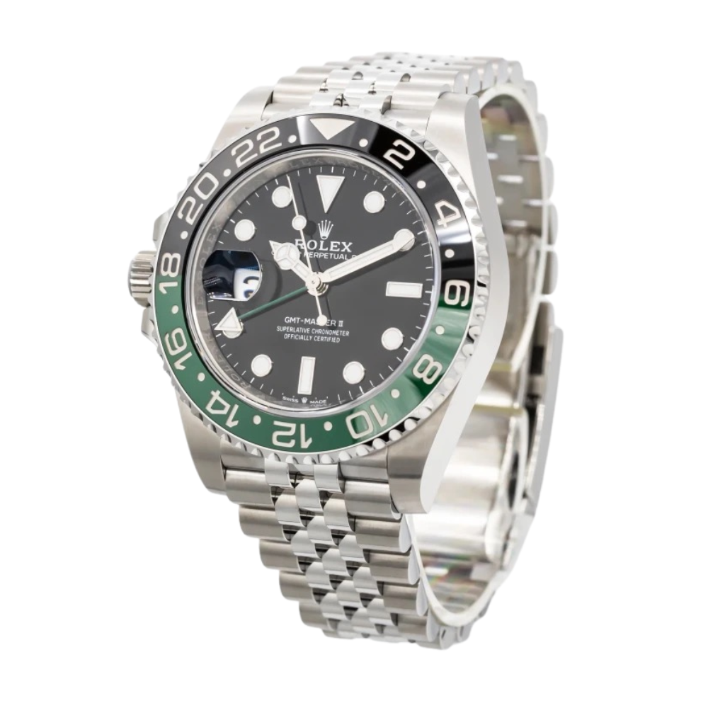 GMT, steel, two-tone green and black 24-hour bezel, green GMT hand