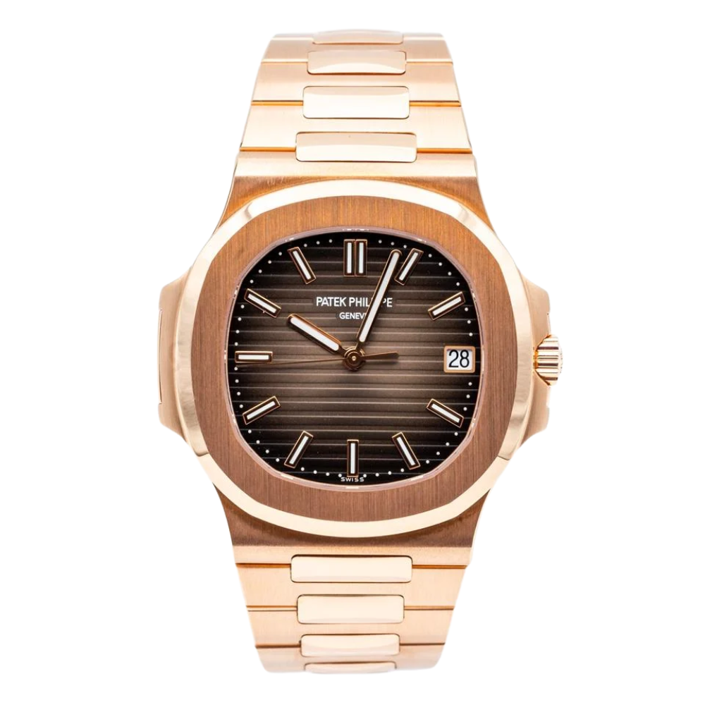Rounded square with pushers on both sides, full rose gold, black dial