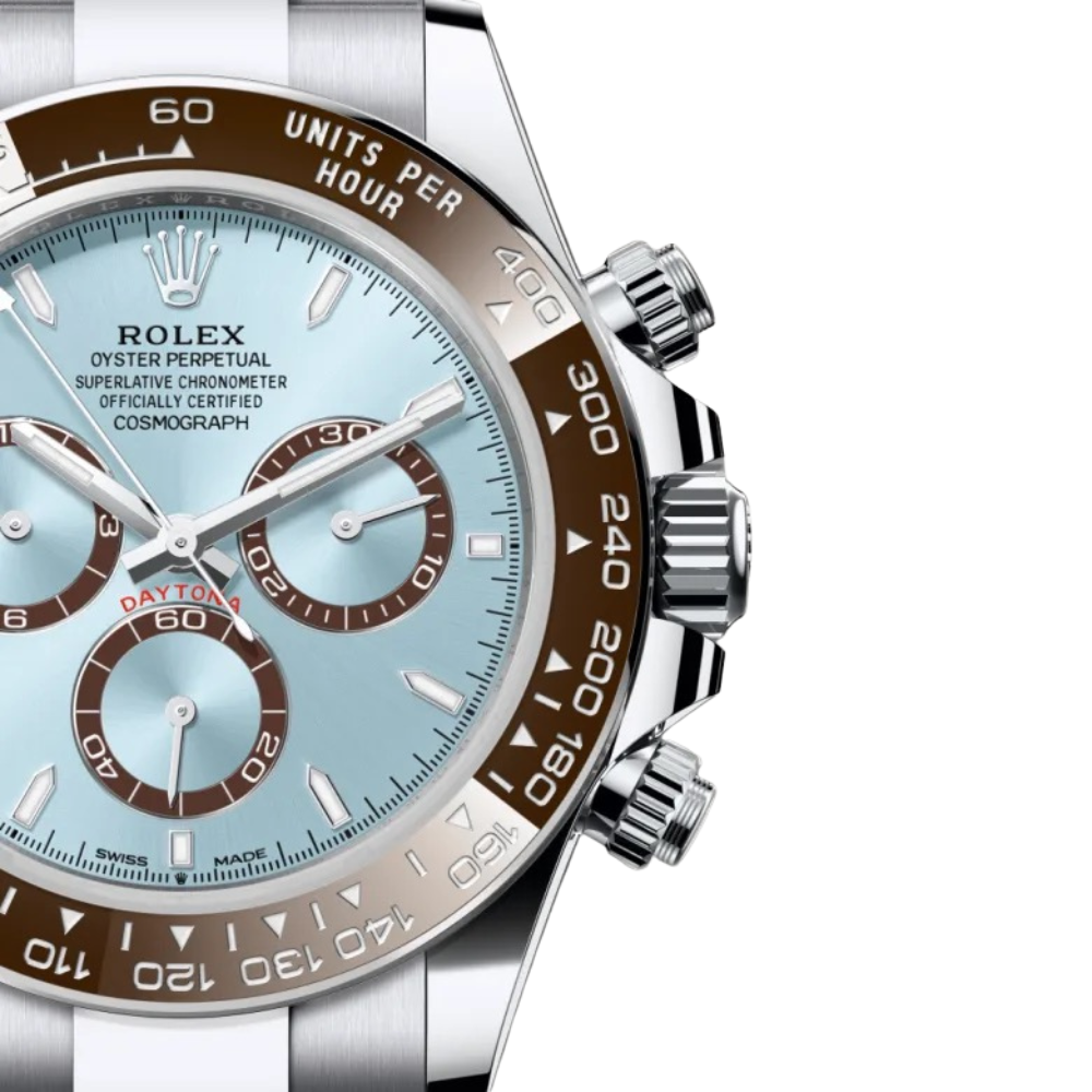 Steel, plain ice-blue dial, case with side pushers