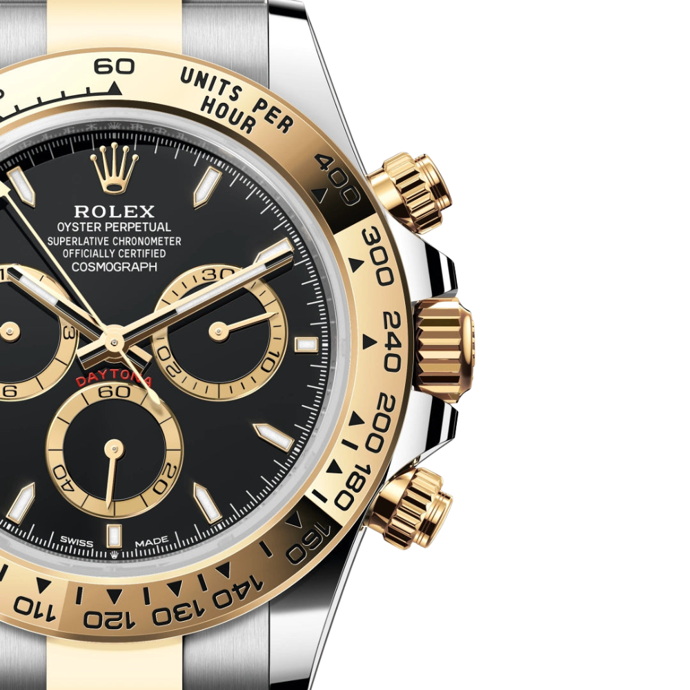 Two-tone steel and gold, gold bezel, black dial with gold accents