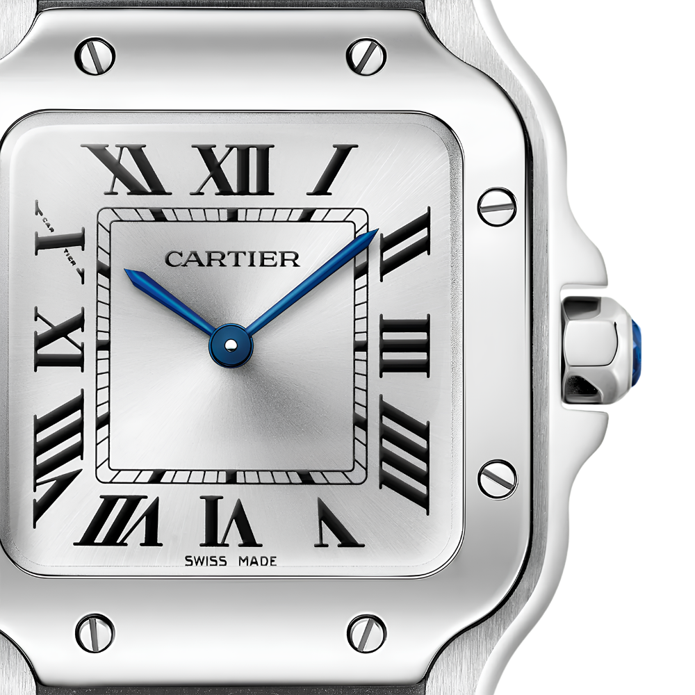 Rounded square, steel, silver dial with blue hands and blue-accent crown