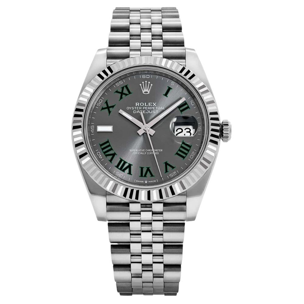 Square case with fluted sides, steel, graphite dial, 5-link bracelet
