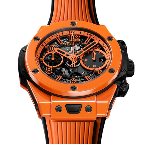 Sporty black and orange tonneau, skeleton dial, orange rubber strap