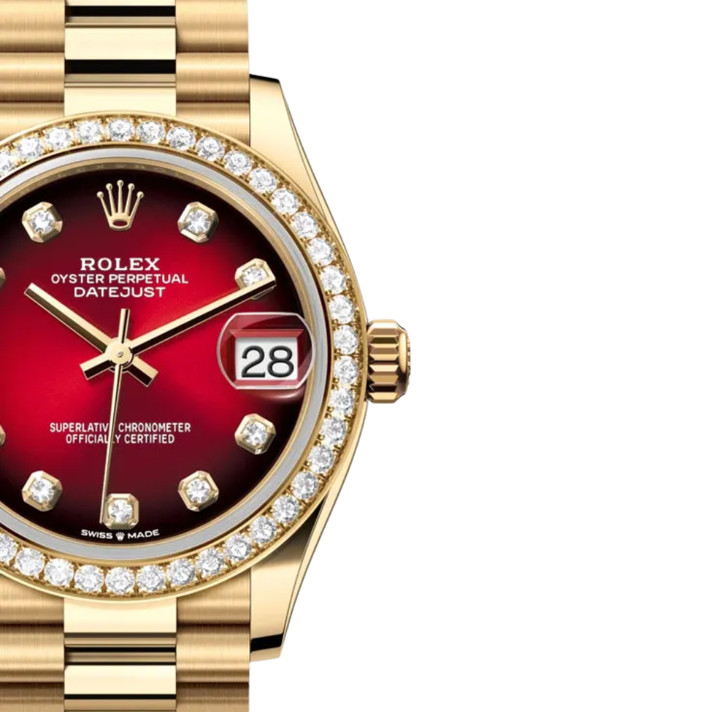 Rounded square with pushers on both sides, full gold, wine gradient dial