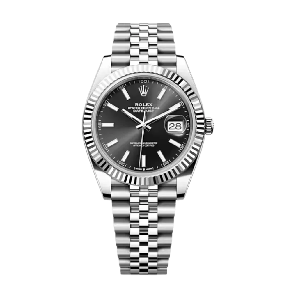 Sporty gunmetal octagonal with crown guard, textured dial, rose-gold accents