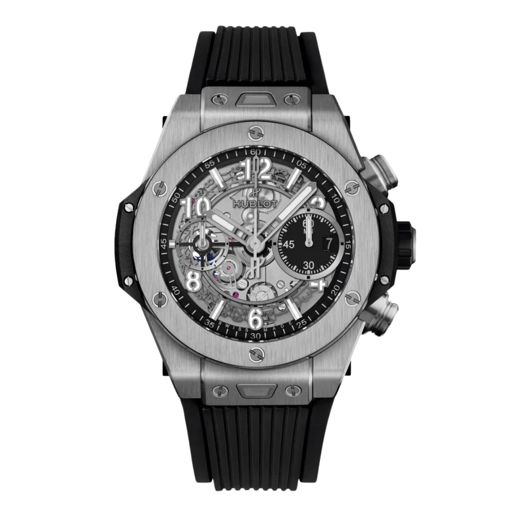 Chunky sport case with screwed bezel, white chronograph, white rubber strap