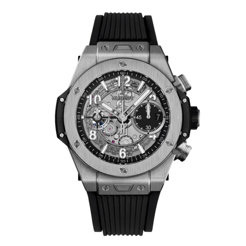 Chunky sport case with screwed bezel, white chronograph, white rubber strap