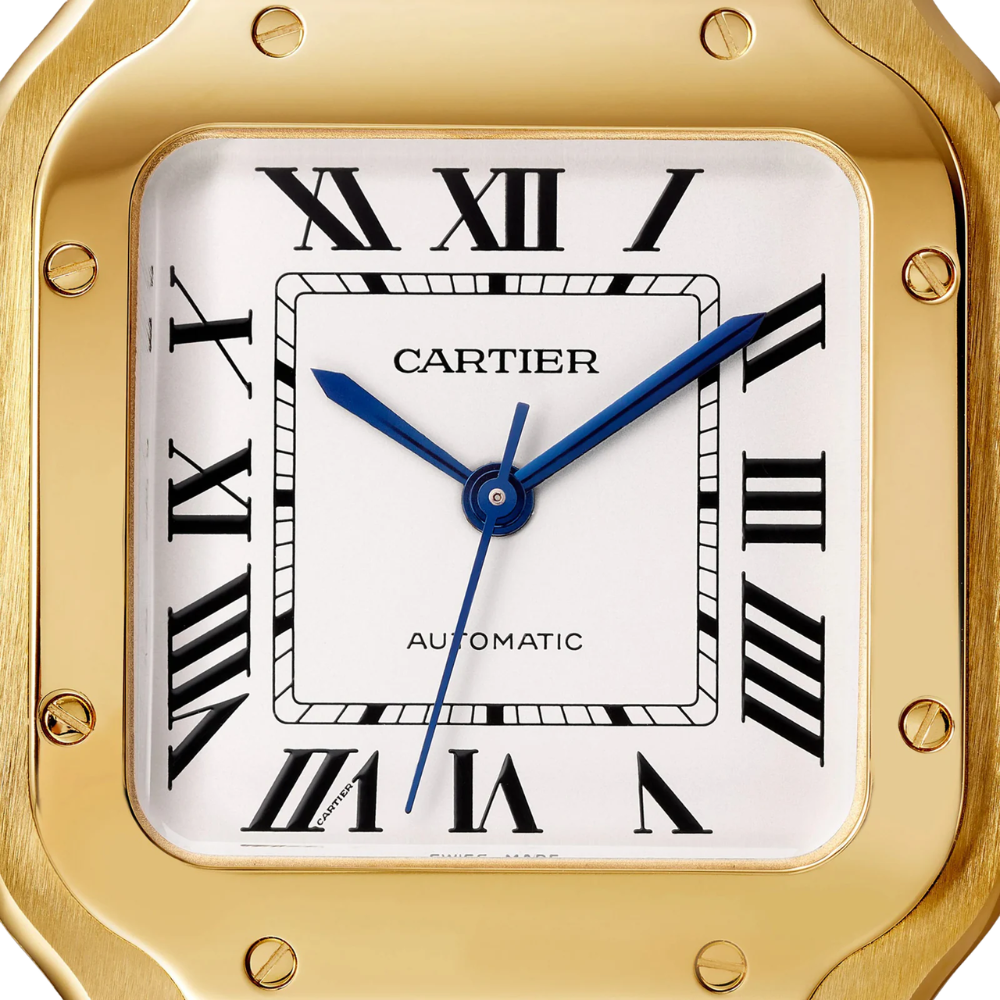 Rounded square, full gold, white dial with blue hands