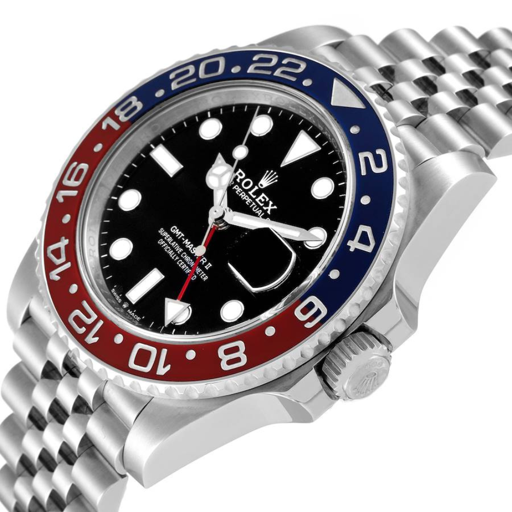 GMT, steel, two-tone blue and red 24-hour bezel, black dial