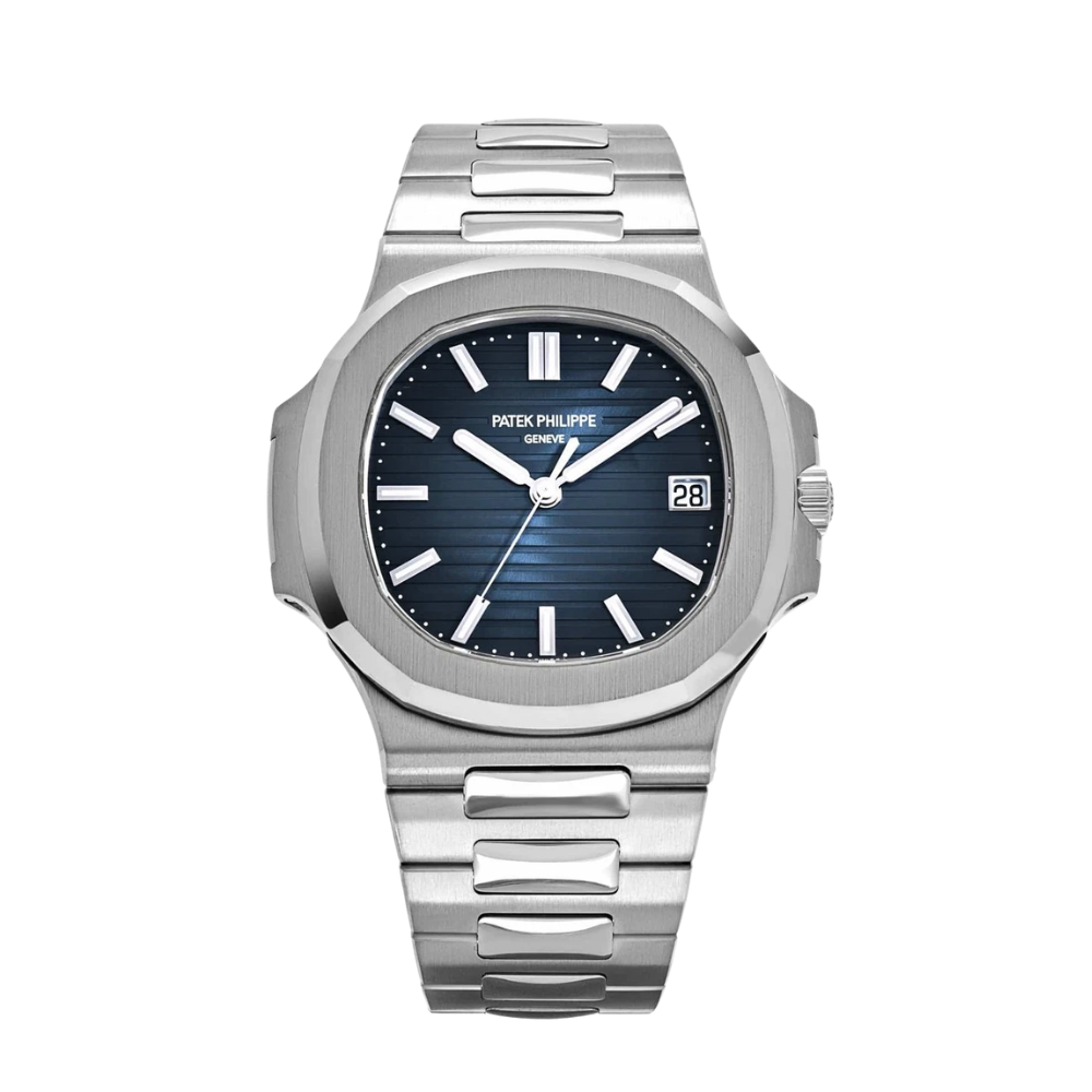 Rounded-square case, steel, navy dial with raised stripes