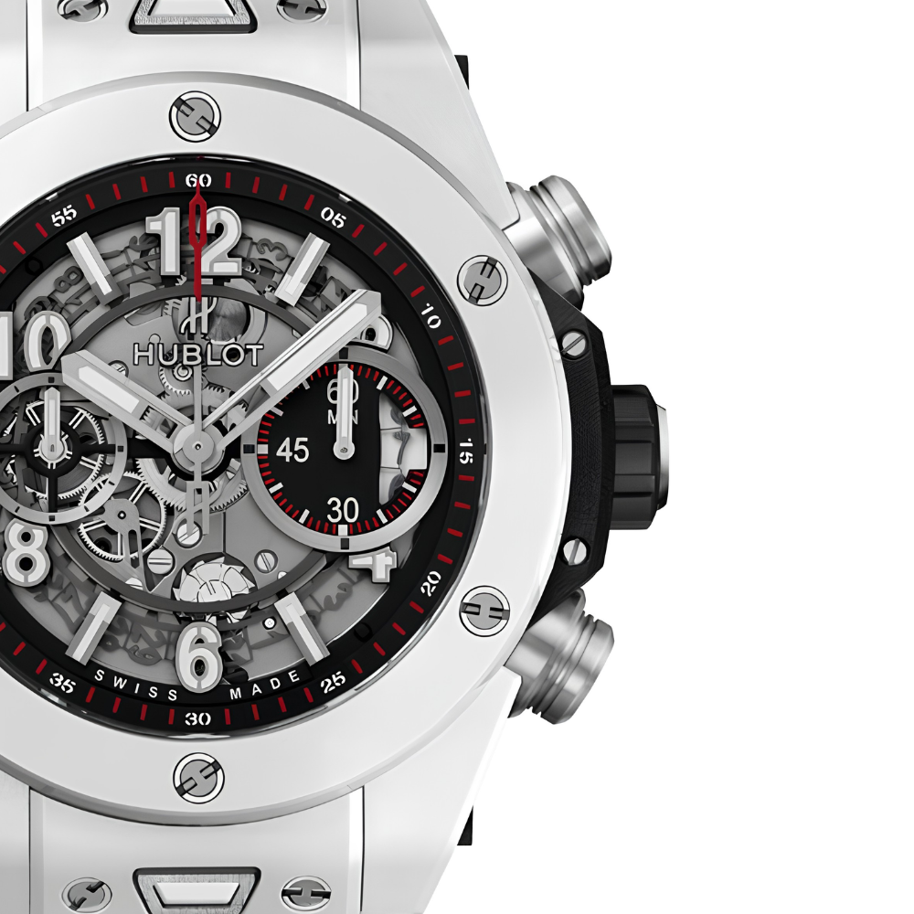 Square sporty case in white ceramic look, panda chronograph with red accents