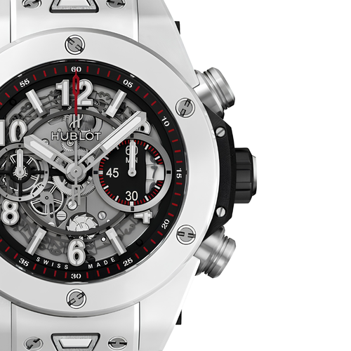 Square sporty case in white ceramic look, panda chronograph with red accents