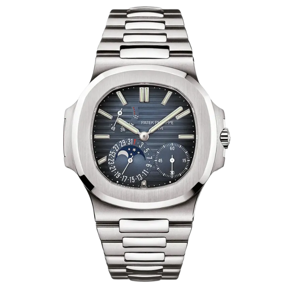 Moon phase and calendar, steel, striped blue dial