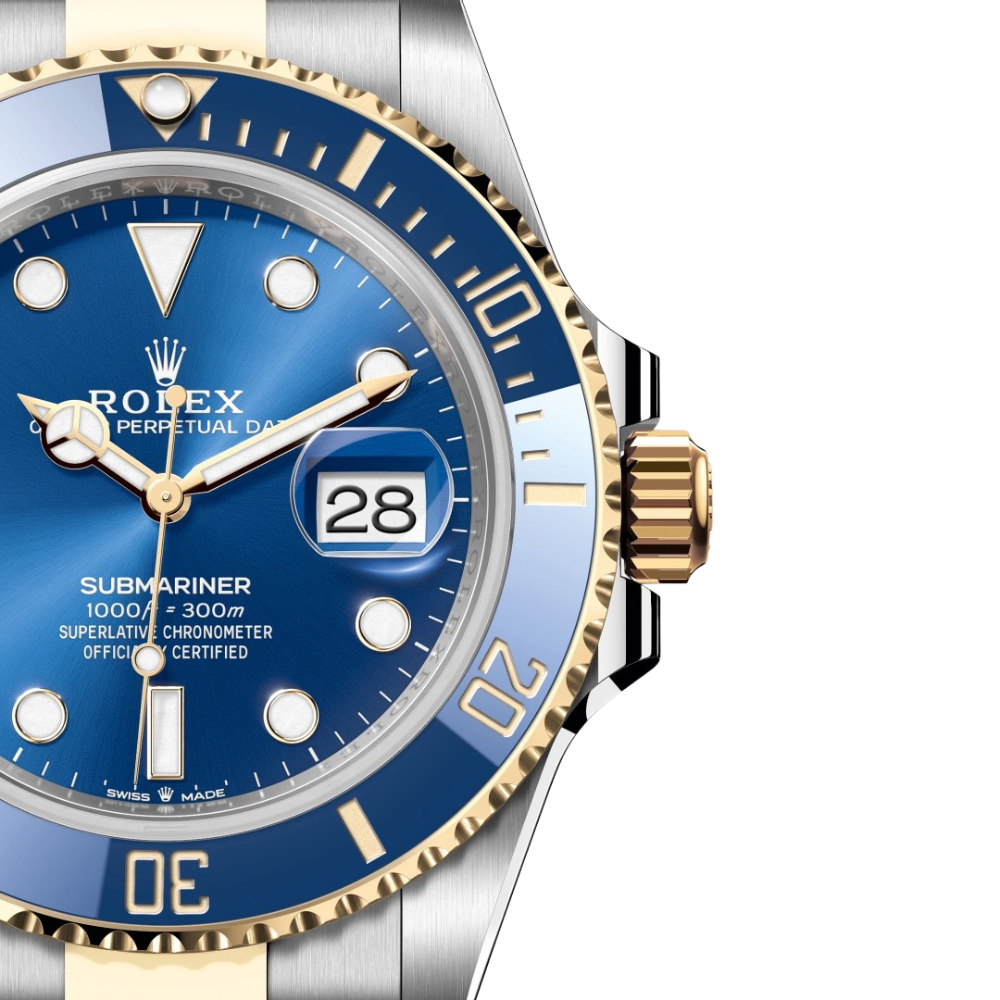 Two-tone steel and gold diver, blue 60-minute bezel, blue sunburst dial