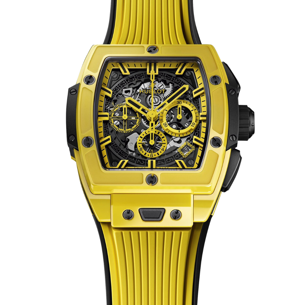 Sporty black and yellow tonneau, skeleton dial, yellow rubber strap