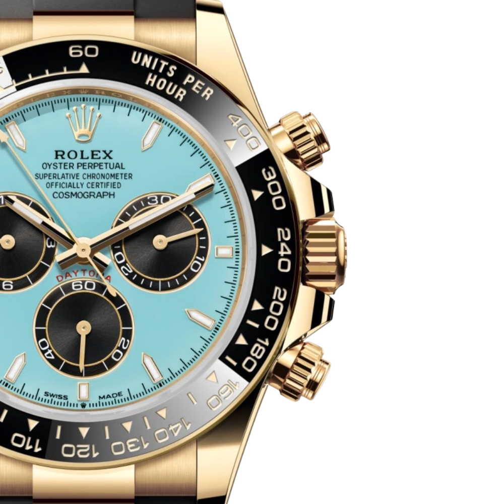 Chronograph, gold case, black bezel, turquoise dial with black sub-dials, black rubber strap