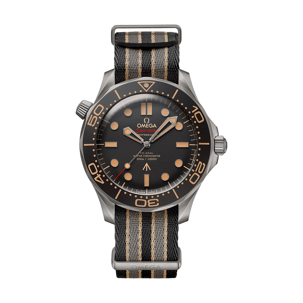 Vintage diver, black dial with cream markers, black NATO strap with beige stripe