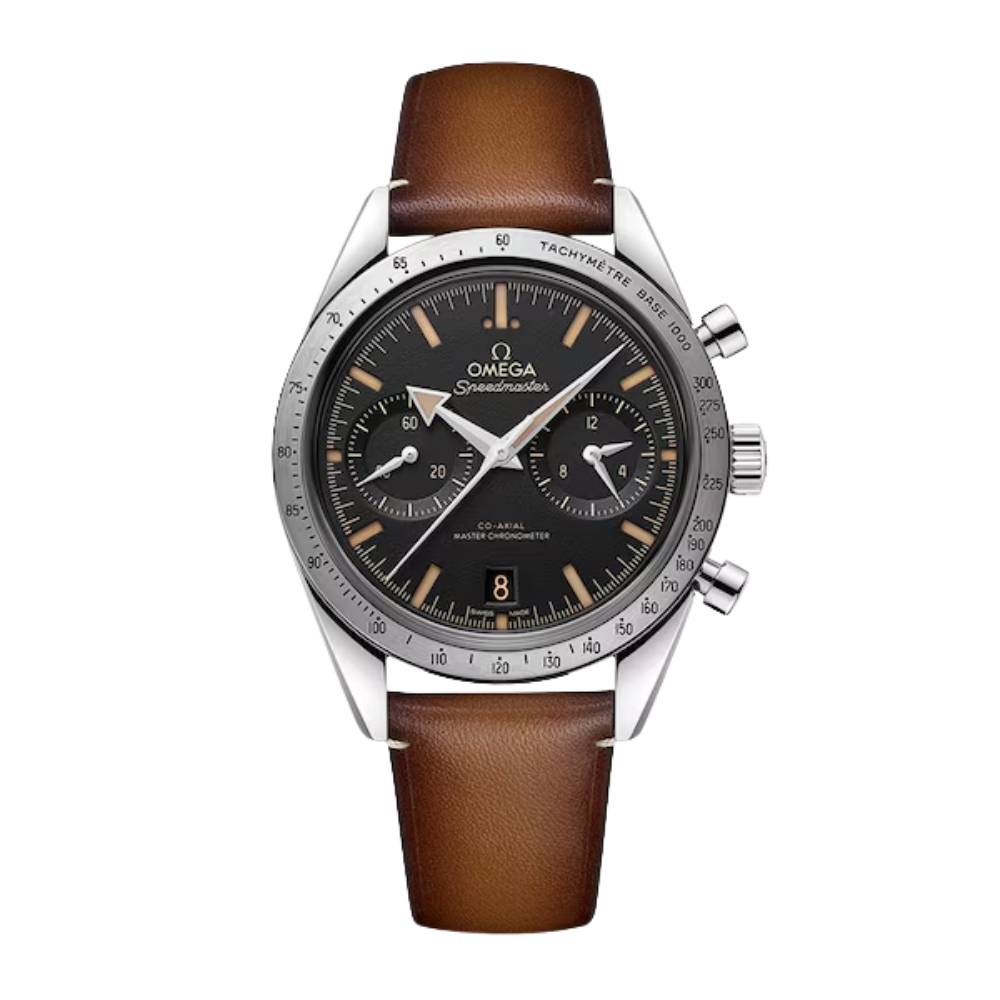 Tonneau case, black chronograph with rose-gold accents, brown leather strap