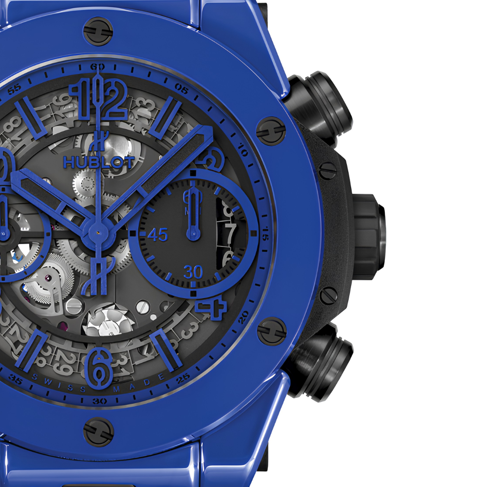 Angular blue and black sport case, skeleton dial with blue accents, blue rubber strap