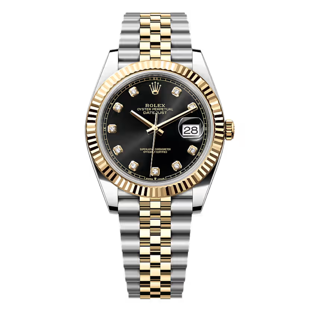 Two-tone, gold octagonal bezel with screws, black dial