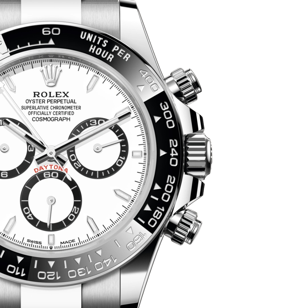 Chronograph, steel, white dial with three black-ringed sub-dials