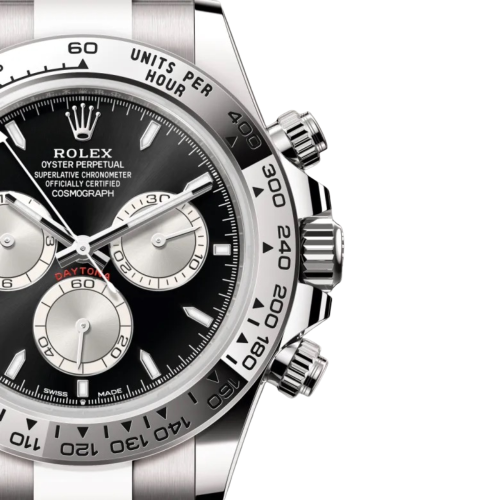 Chronograph, steel, black dial with three silver sub-dials