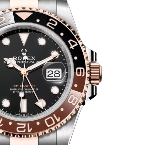 Rose-gold cushion case, black dial, steel and rose-gold bracelet