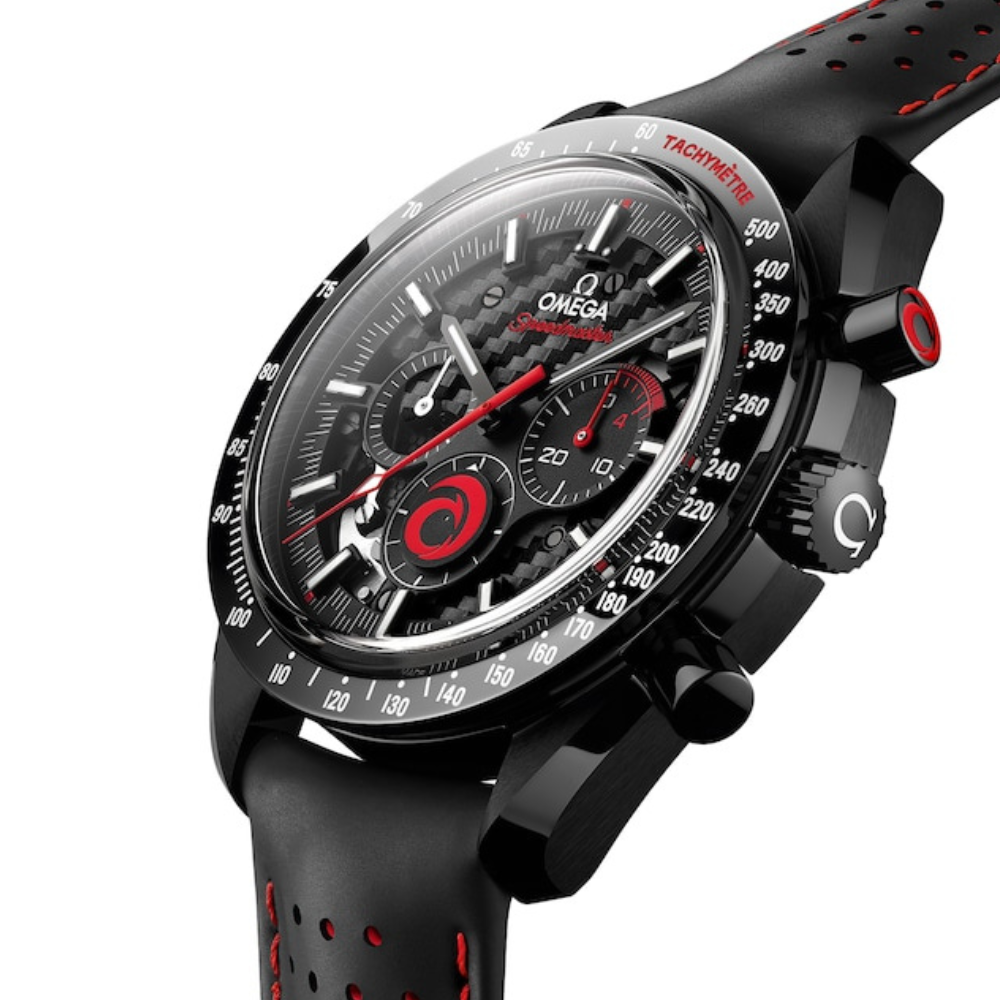 All-black chronograph with red accents