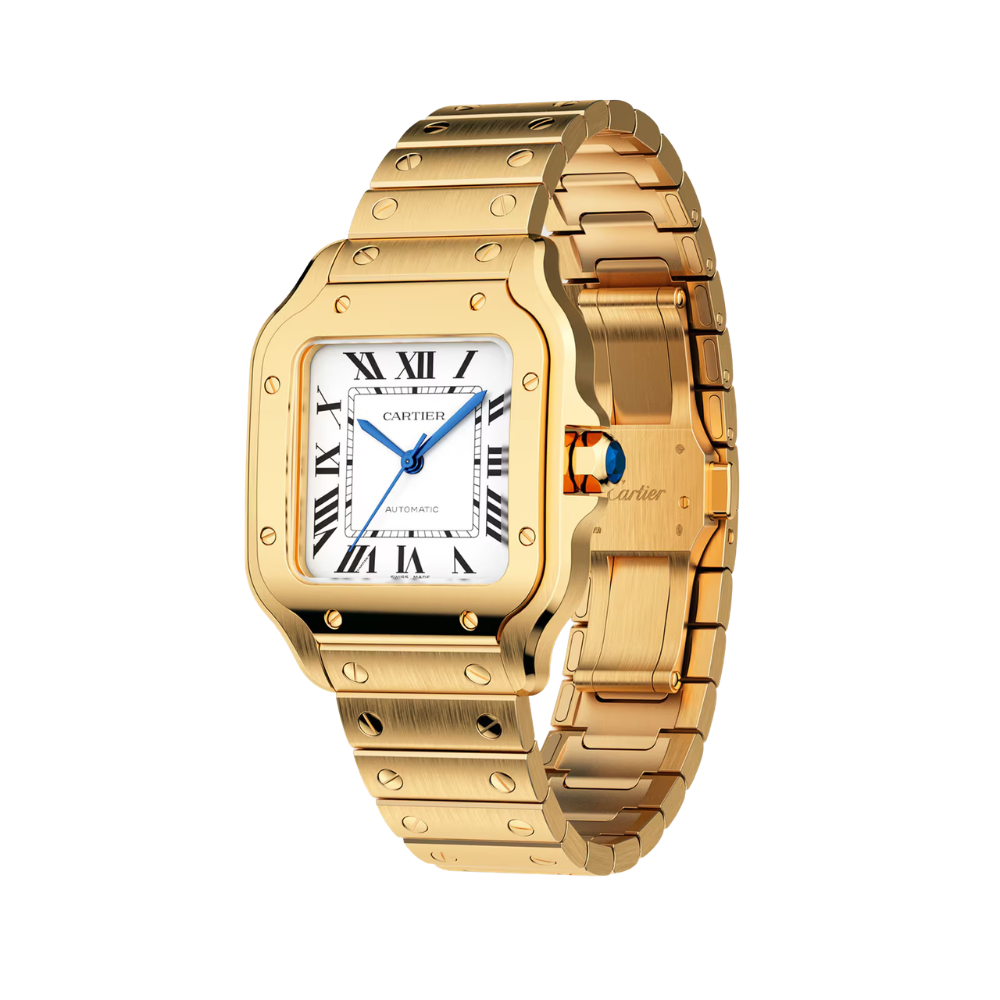 Rounded square, full gold, white dial with blue hands