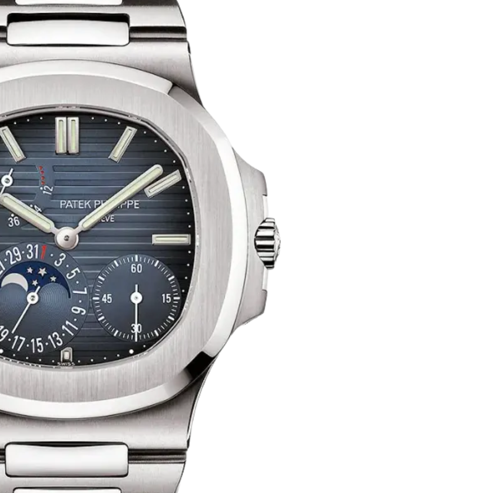Moon phase and calendar, steel, striped blue dial