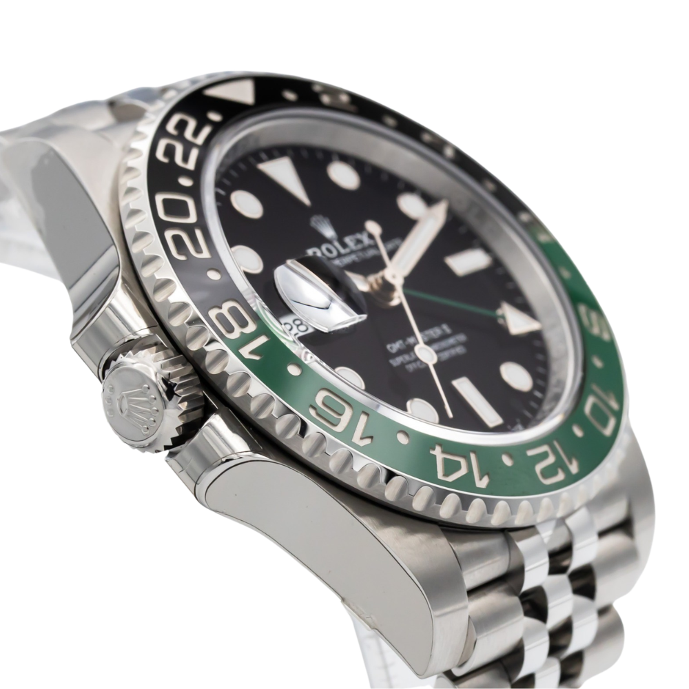 GMT, steel, two-tone green and black 24-hour bezel, green GMT hand