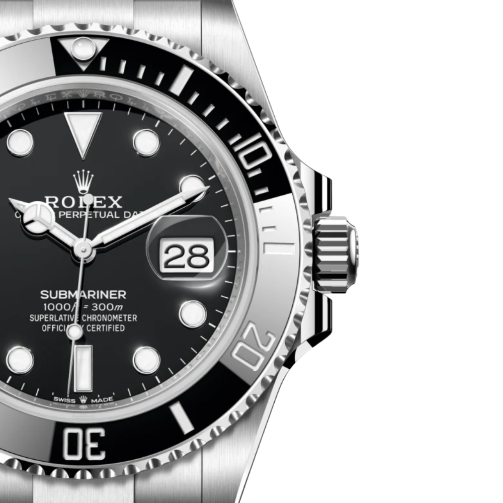Rounded octagonal case with side ears, steel, black dial, integrated bracelet