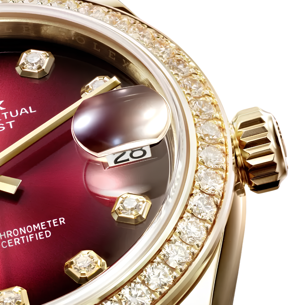 Rounded square with pushers on both sides, full gold, wine gradient dial