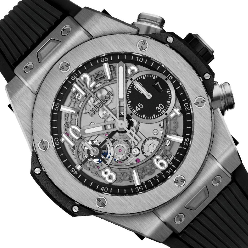 Chunky sport case with screwed bezel, white chronograph, white rubber strap
