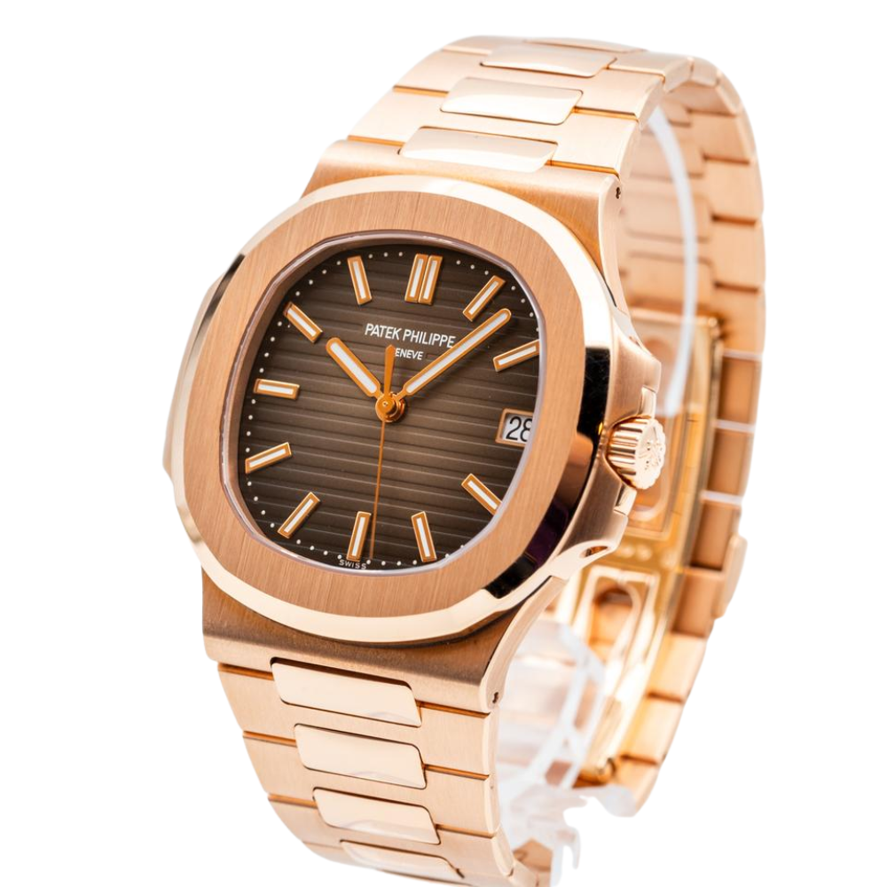 Rounded square with pushers on both sides, full rose gold, black dial